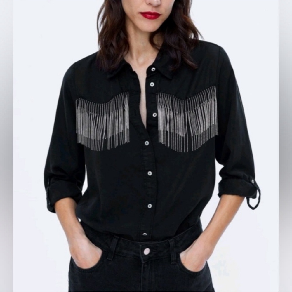Zara Black Chain Fringe Button-Up Shirt